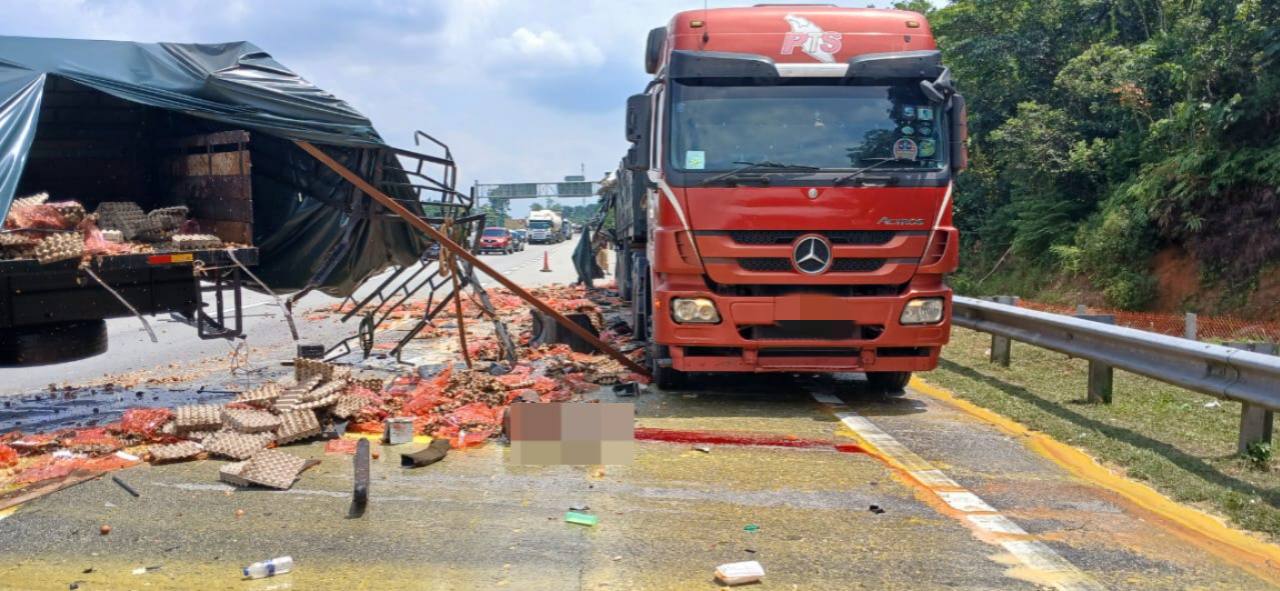 Kemalangan maut lori muatan telur di Lebuhraya PLUS kemalangan maut Tanjung Malim, lori muatan telur rempuh lori simen, kemalangan PLUS arah selatan, dua pemandu maut PLUS Sungkai Slim River, tragedi lebuh raya Perak